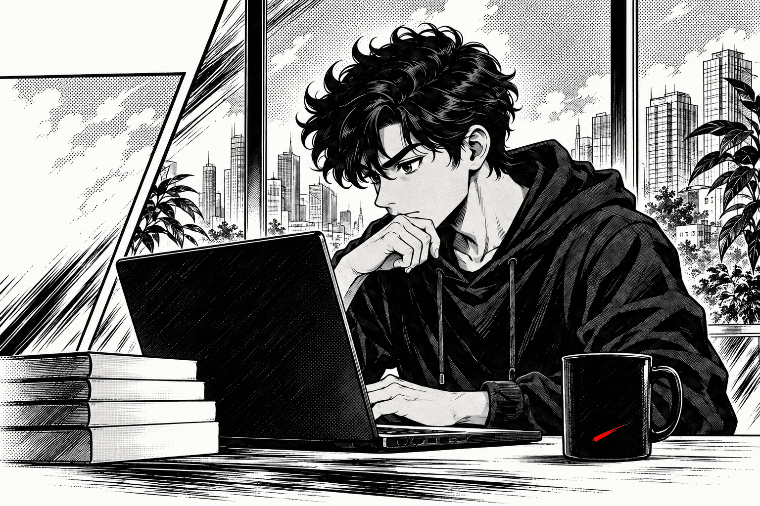 Manga engineer working at a laptop, surrounded by books and a city skyline