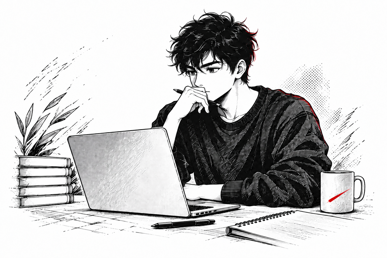 Manga illustration of an engineer thinking at a laptop